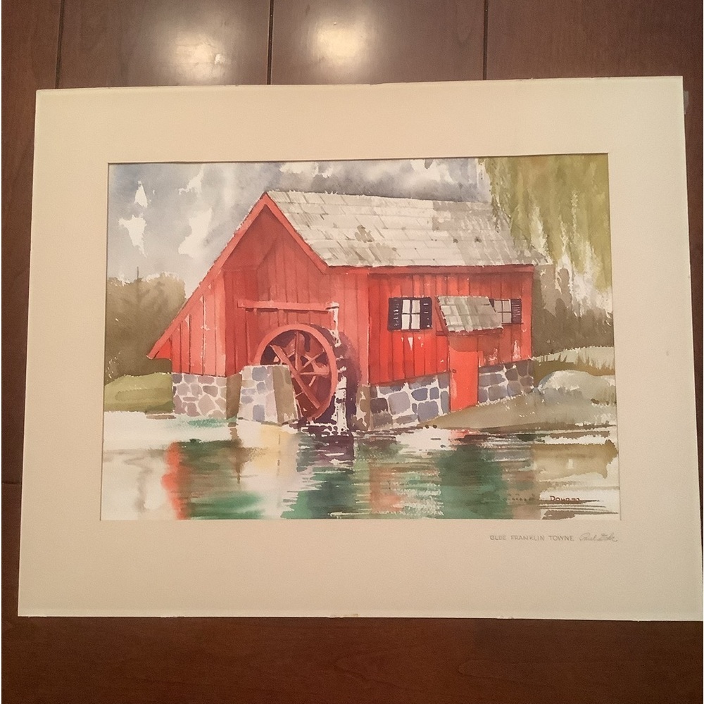 Vintage Original Paul Dohr Watercolor of Red Mill in Olde Franklin Towne